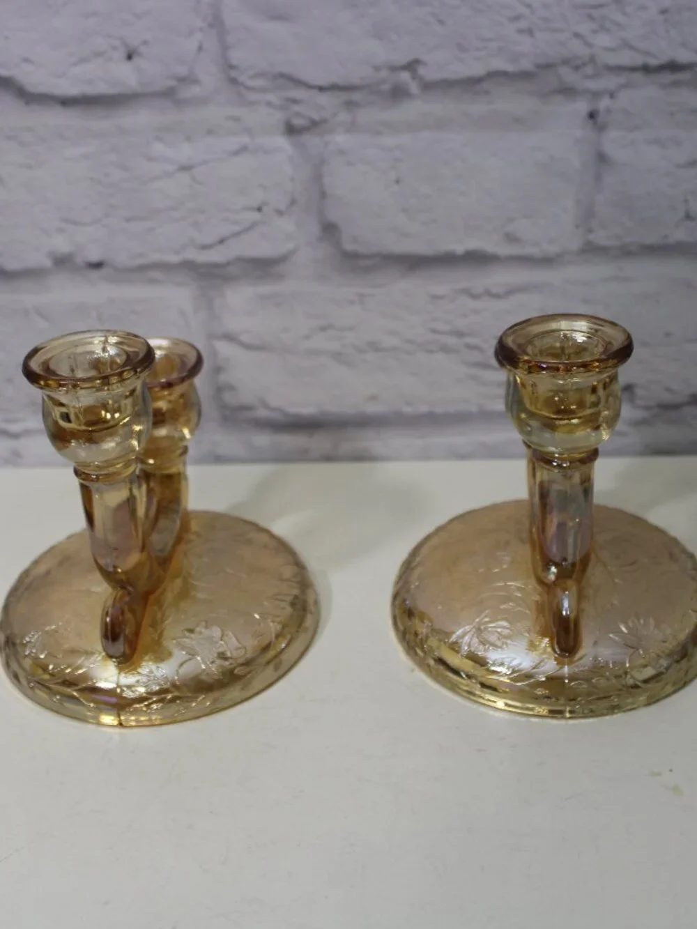 Vintage 1950's Floragold Double Candlesticks Set of 2 Jeannette Glass